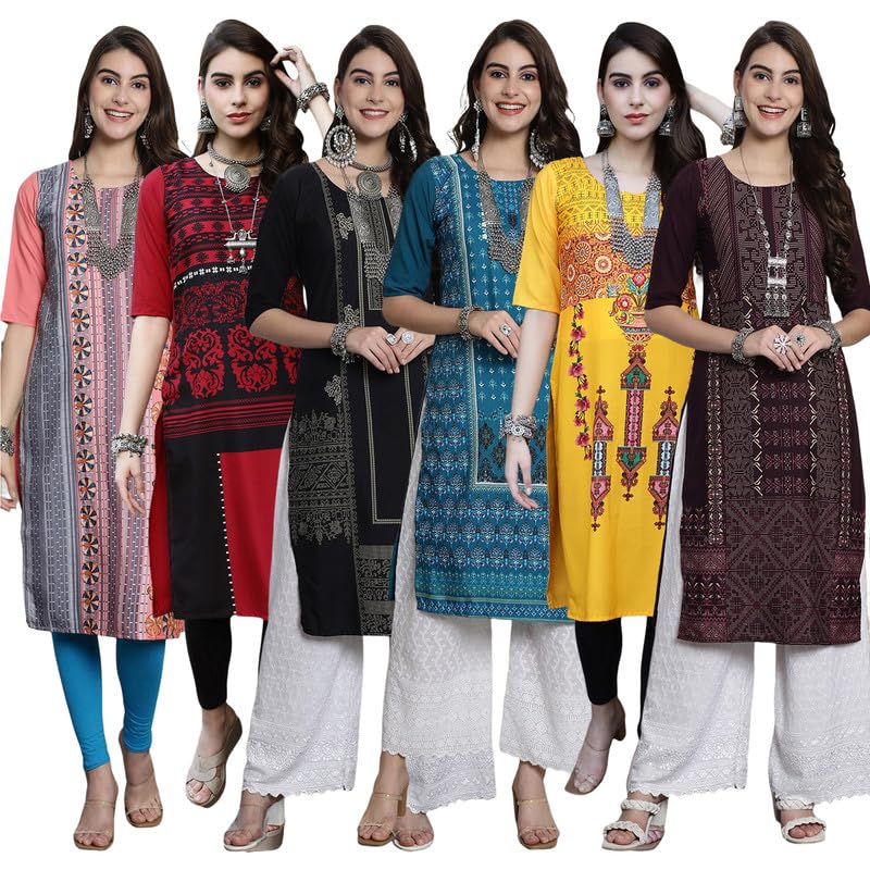 Pinkmint Women's Crepe Digital Print Straight Kurta [Pack Of 6]