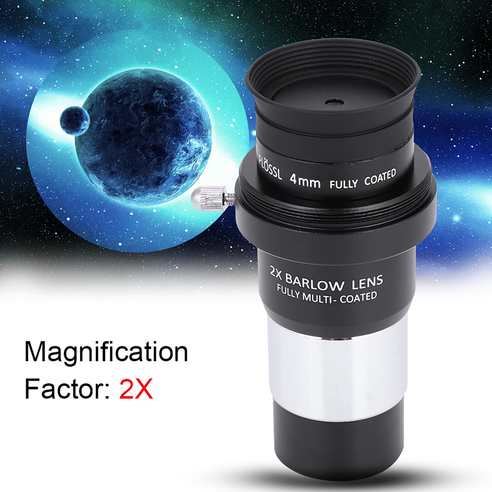 Set Oculare Telescopio Plossl da 1,25 Pollici per Astronomia, 4/10/25 Mm con Kit Lenti Barlow 2X, Multistrato, Interamente in Metallo, Protezione Oculare in Gomma Morbida, Riduce