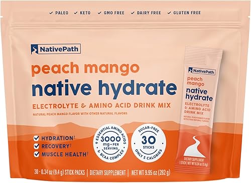 NativePath Native Hydrate - Paquetes de electrolitos en polvo sin azúcar con BCAAs, hidratación de melocotón y mango, apto para dieta keto y paleo,