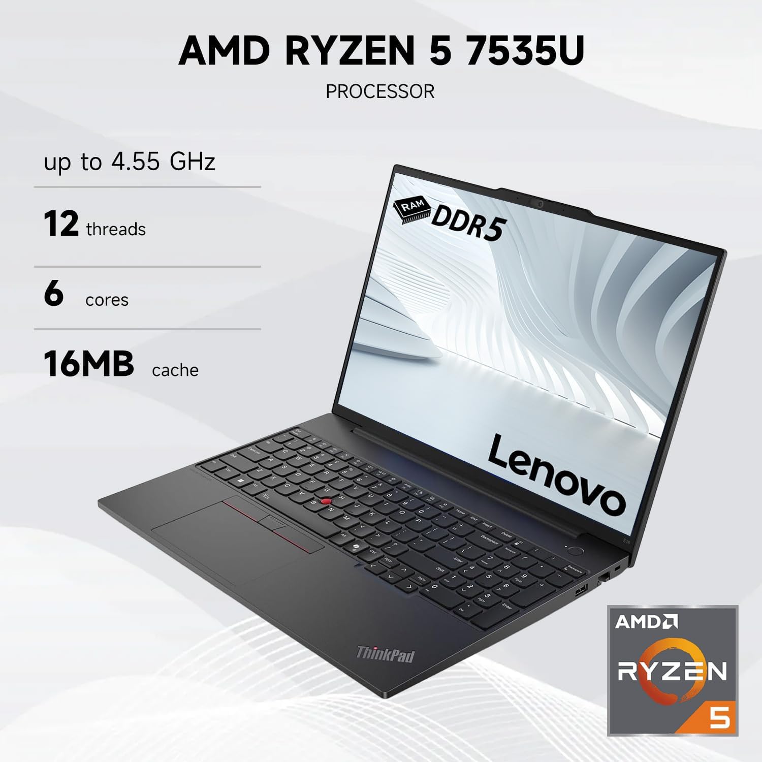 Lenovo ThinkPad E16 Gen 2, 16" FHD+ Touchscreen Business Laptop, AMD Ryzen 5 7535U, 32GB DDR5 RAM, 1TB SSD, Fingerprint, Backlit Keyboard, Webcam, Wi-Fi 6E, HDMI, Windows 11 Pro, Black, w/Bundle