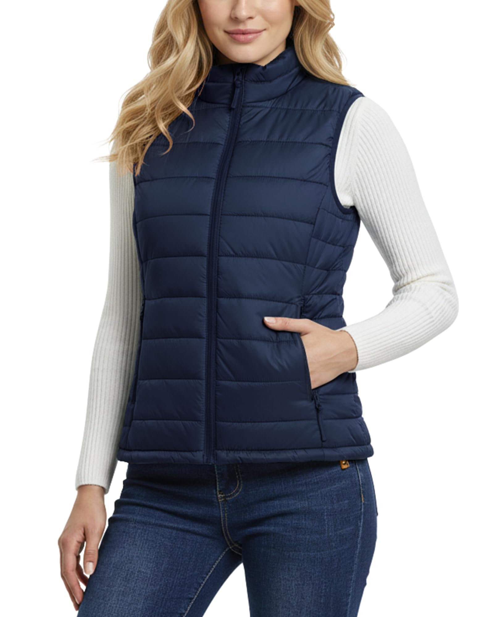 Outdoor Ventures Gilet matelassé pour femme - Gilet de transition pliable - Doublé - Hybride - Gilet de sport chaud - Gilet de cyclisme avec col montant pour la randonnée et le camping