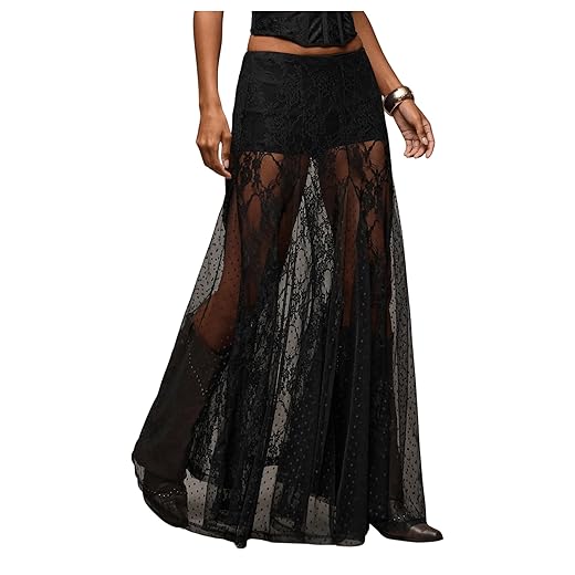 MakeMeChic Women's Lace Sheer Maxi Skirts Floral Polka Dots A Line Ruffle Boho Goth Long Skirts