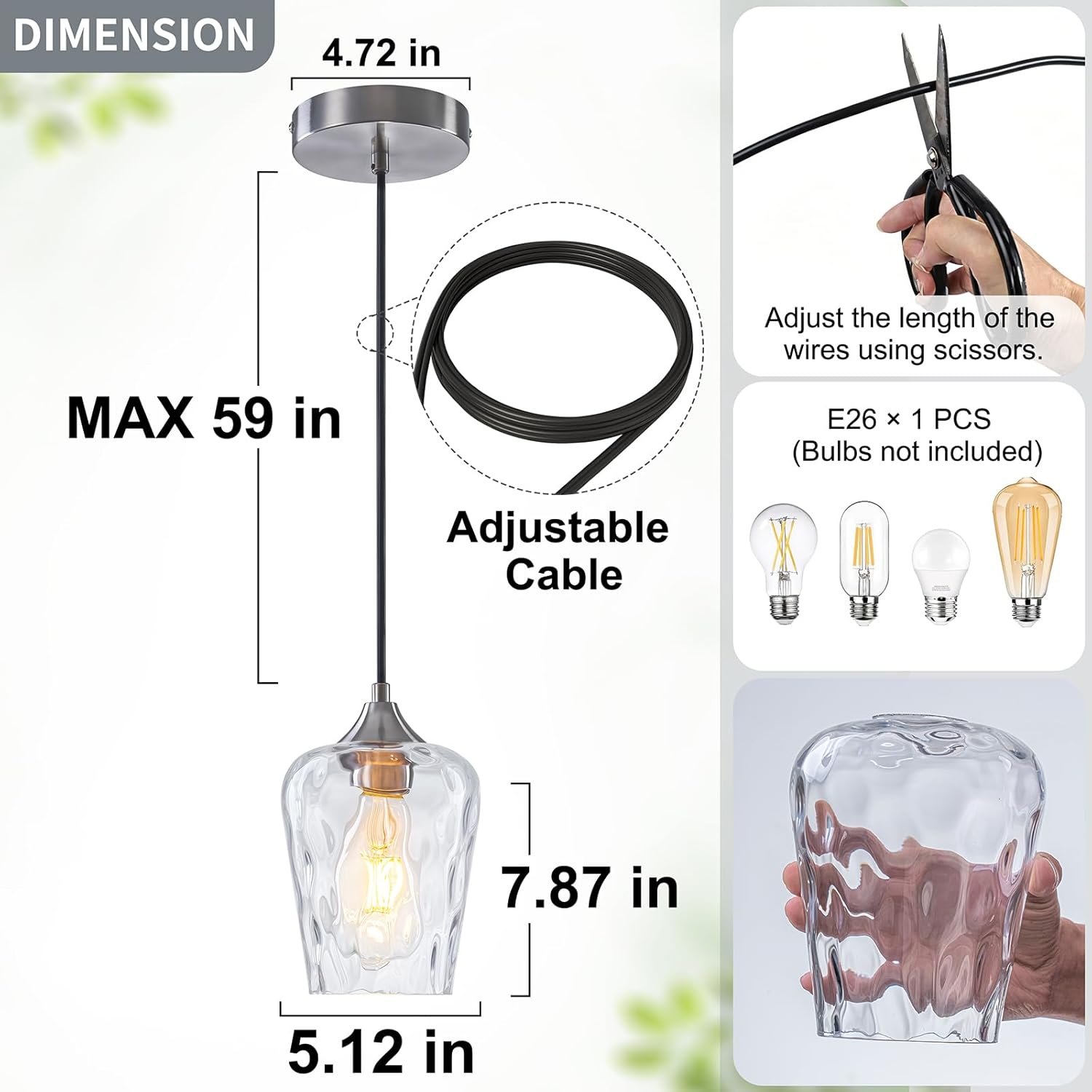 2 Pack Mini 5.1" Hammered Glass Pendant Light Fixtures, Small Modern Kitchen Pendant Lights with Hammered Glass Shades, Hanging Brushed Nickel Pendant Lights Kitchen Island Lighting for Sink