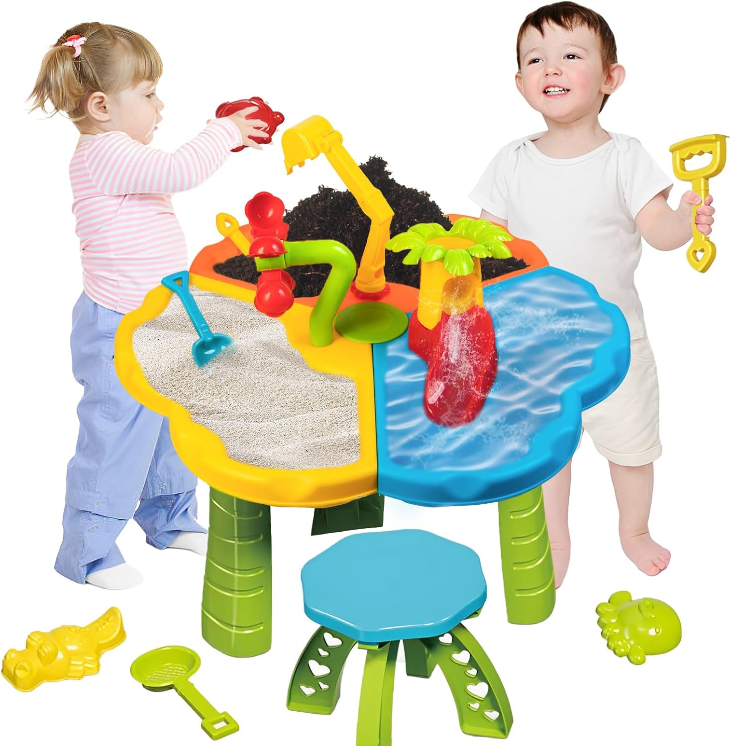 Water Table for Toddlers, Summer Water Sand Table Toys Set, Beach Animal Molds and Chair, Sand Water Table for Kids Boys Girls Aged 3 4 5 6 7