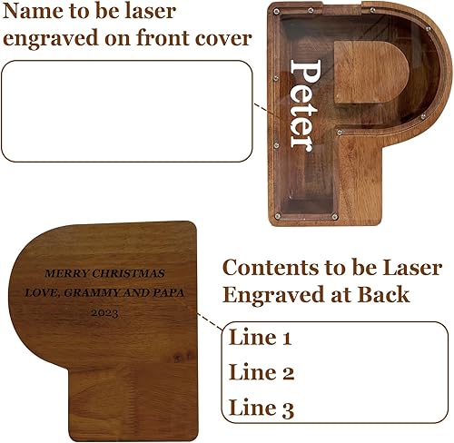 Vista 101 de Alcancía grande de madera personalizada para niños, alcancía con nombre personalizado, alcancía (nombre grabado láser) letras del alfabeto