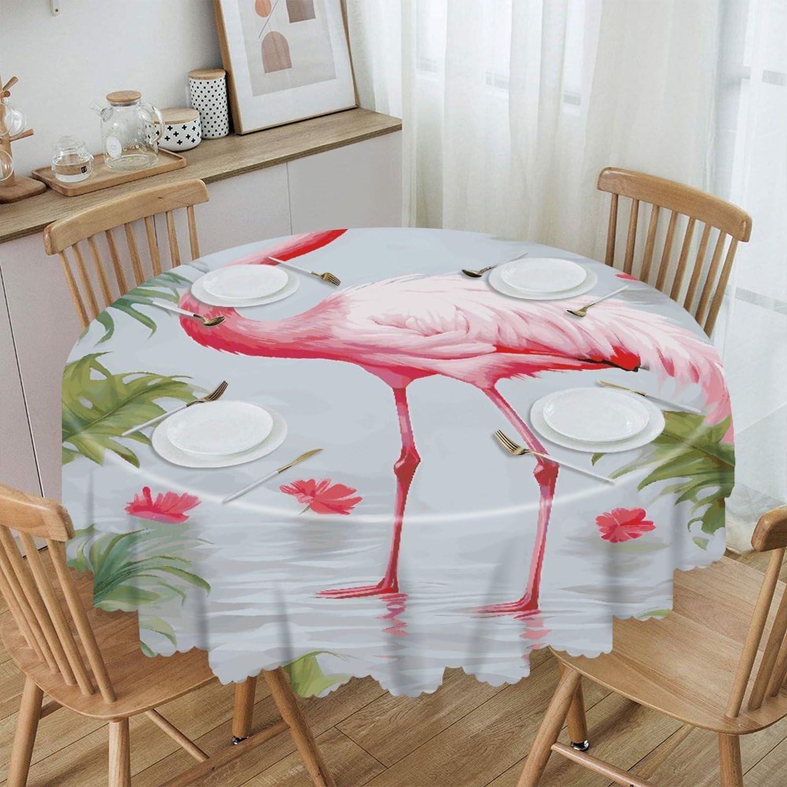 VstaDank White Flamingo Round Tablecloth 60 Inch Easy to Clean Circle Table Cover Thick Decorative Round Polyester Table Cloth for Dining Kitchen Party Farmhouse Outdoor