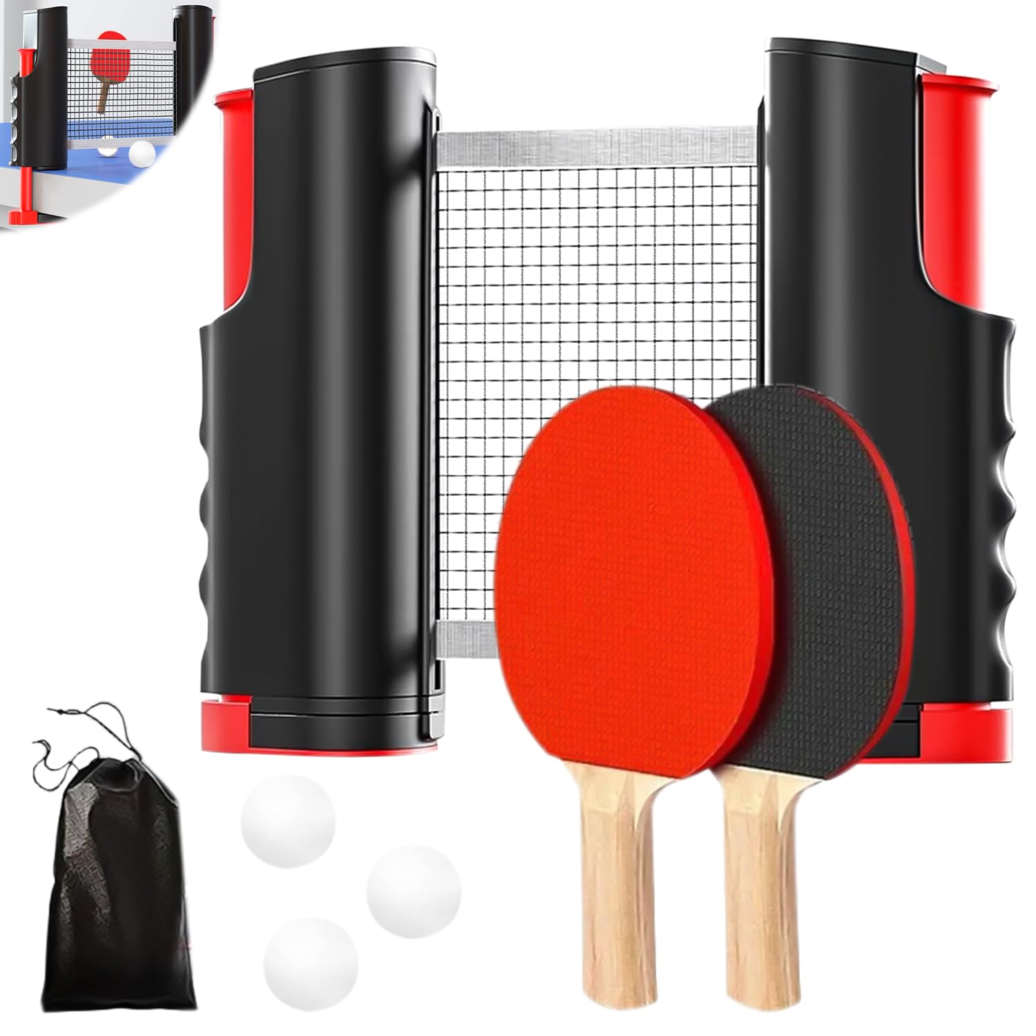 HOMURY Table Tennis Bat Set: 2 Professional Bats + Retractable Net + 3 Balls + 1 Carry Bag, Ideal for Indoor/Outdoor, Kids/Adults