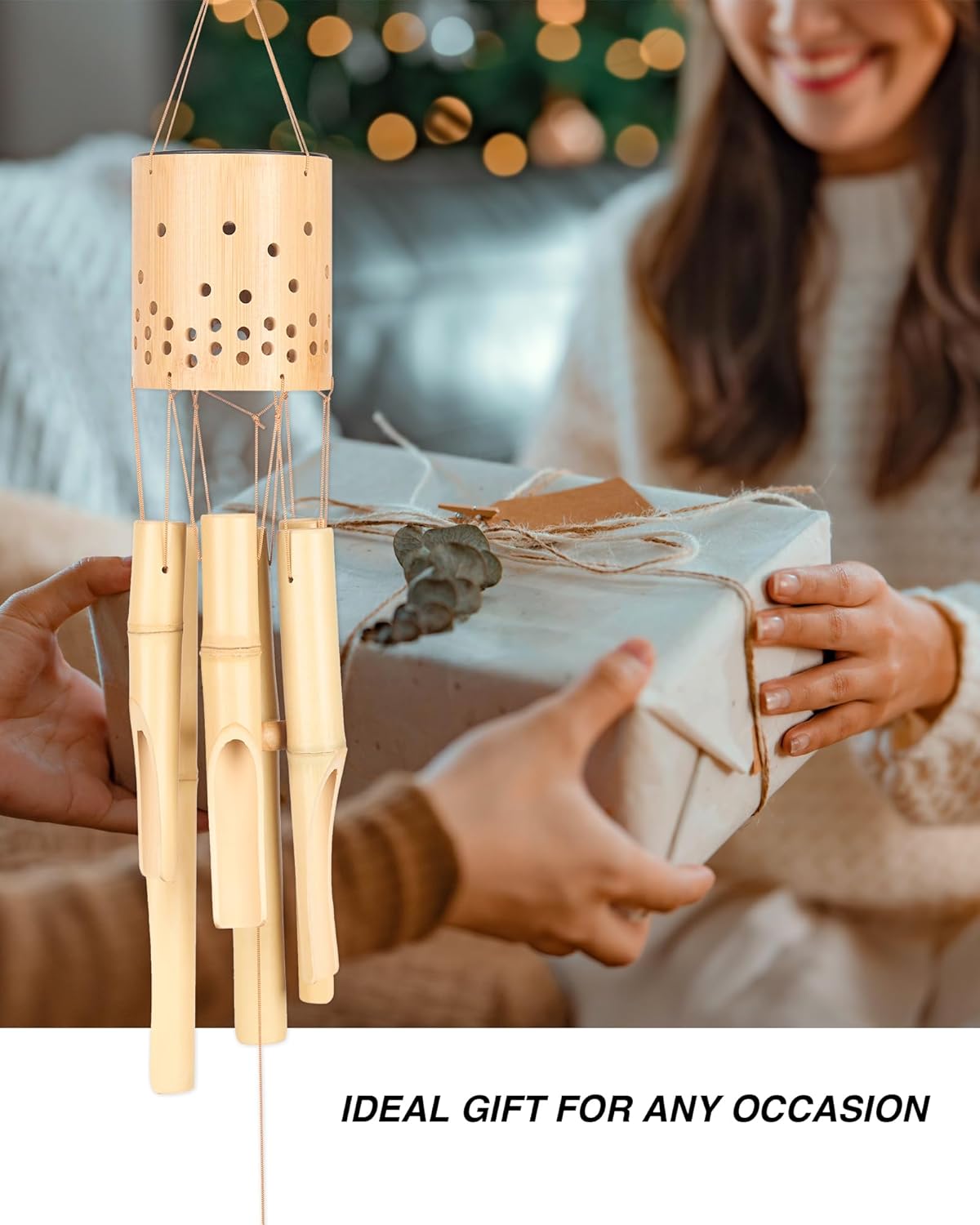 Bamboo Wind Chimes for Outside with Solar Accent Light, Outdoor Wooden Wind Chimes, 6 Bamboo Tubes, Deep Tone, Perfect for Patio, Garden, Porch, and Balcony Decor