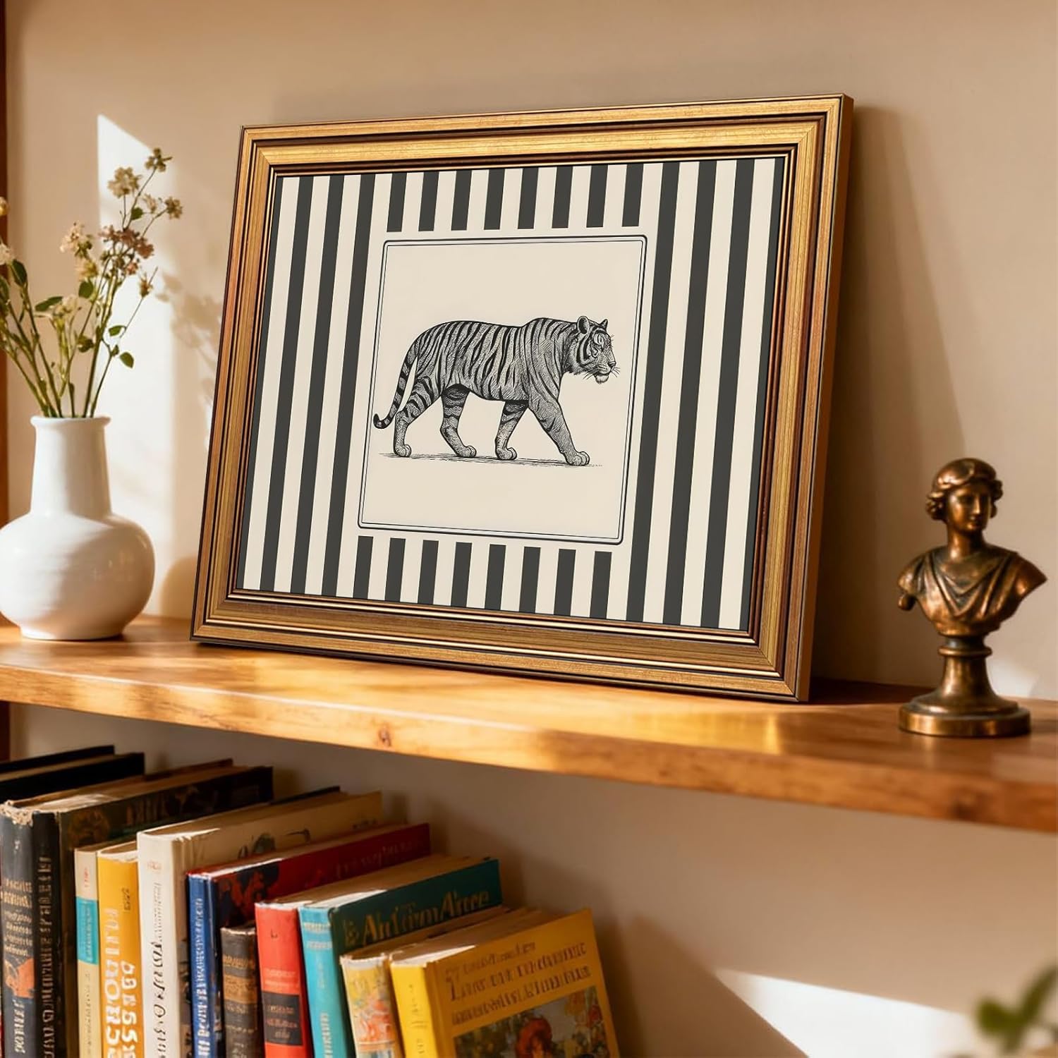 Vintage Gold Framed Tiger Wall Art, Wildlife Pictures Wall Decor, Wild Animal Illustration Striped Canvas Prints Printings, Big Cat Artwork for Living Room Bedroom Office 16x24 Inch