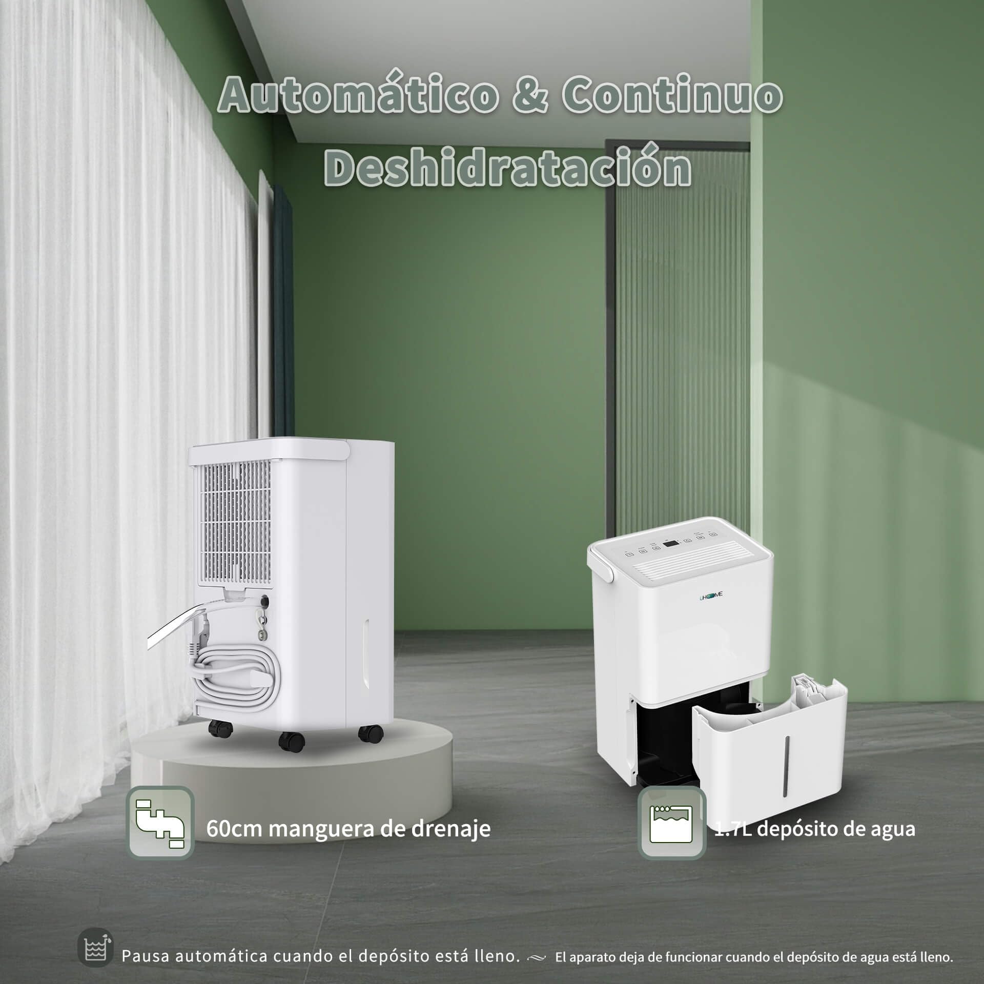 Uhome Deshumidificador eléctrico, 12 l/24 h, deshumidificador de habitaciones 54 m³/18 m², deshumidificador con apagado automático, sensor de humedad, modo de lavado y filtro de carbón activado