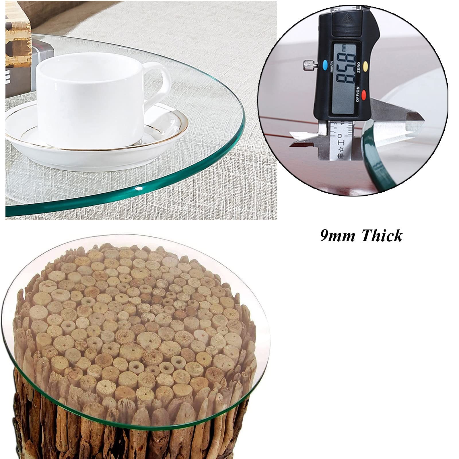 Dessus De Table Verre Trempé Rond Transparent Plat 380-800mm Bords Polis