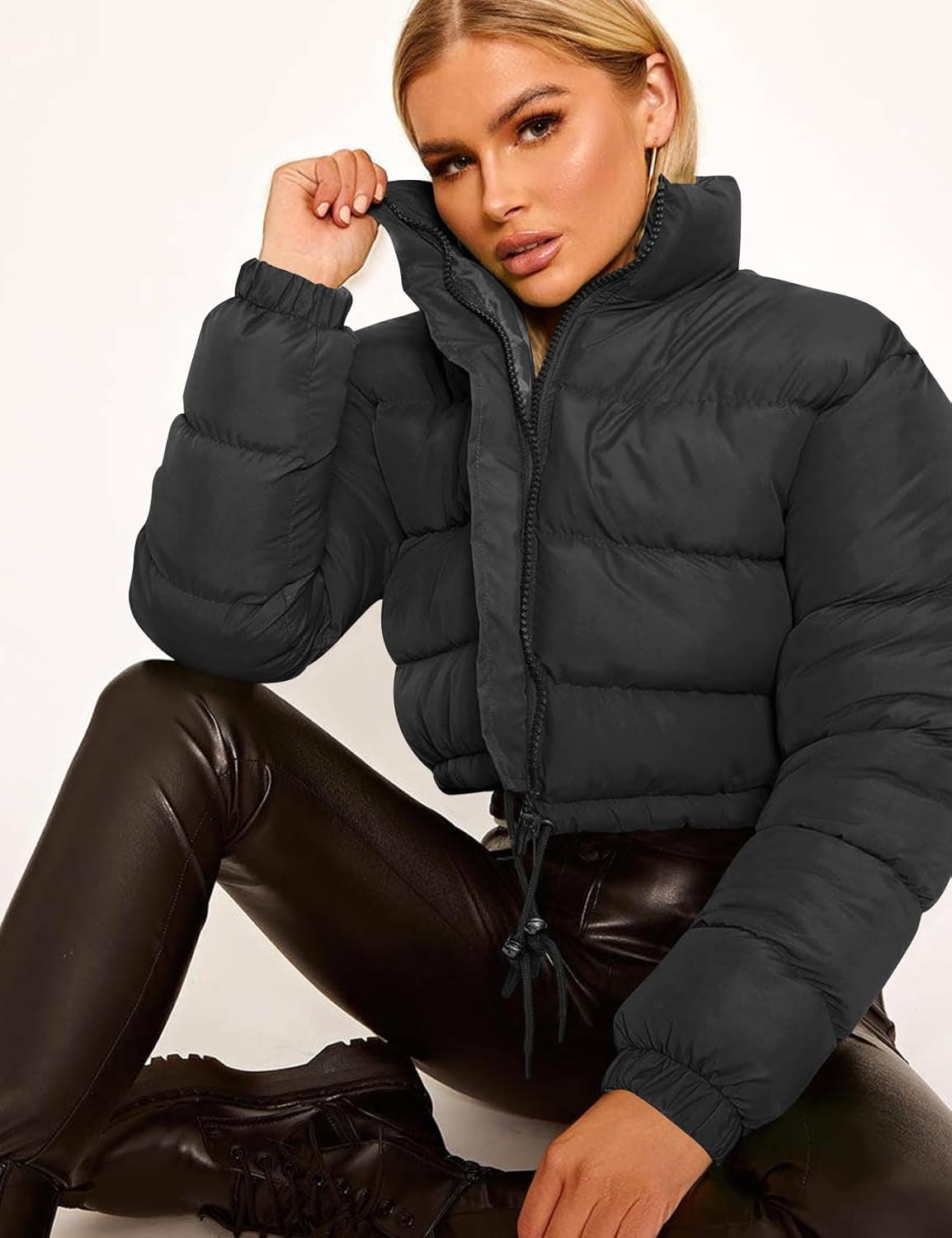 Flygo Women Cropped Puffer Jacket Winter Long Sleeve Quilted Puffy Bubble Padded Short Coats with Drawstring - Image 4