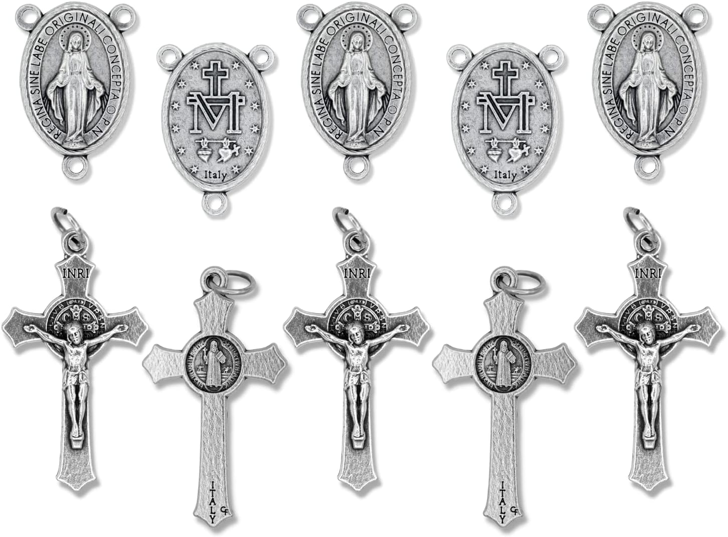 Caritas et Fides Italian Rosary Making Kit for 5 Rosaries - Catholic Rosary Cross and Center Sets with 1.5” St Benedict Crucifix and 1” Miraculous Medal Rosary Center Pack of 5 Bulk Rosary Parts