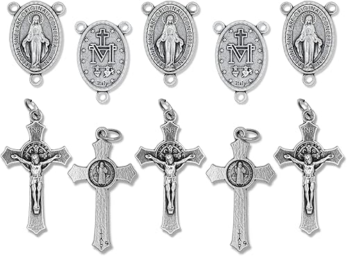 Caritas et Fides Kit de rosario italiano para 5 rosarios  Cruz y centro de rosario católico con crucifijo de San Benito de 1.5 pulgadas y medalla