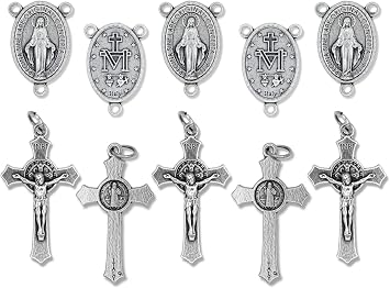 Caritas et Fides Italian Rosary Making Kit for 5 Rosaries - Catholic Rosary Cross and Center Sets with 1.5 St Benedict Crucifix and 1 Miraculous Medal Rosary Center Pack of 5 Bulk Parts