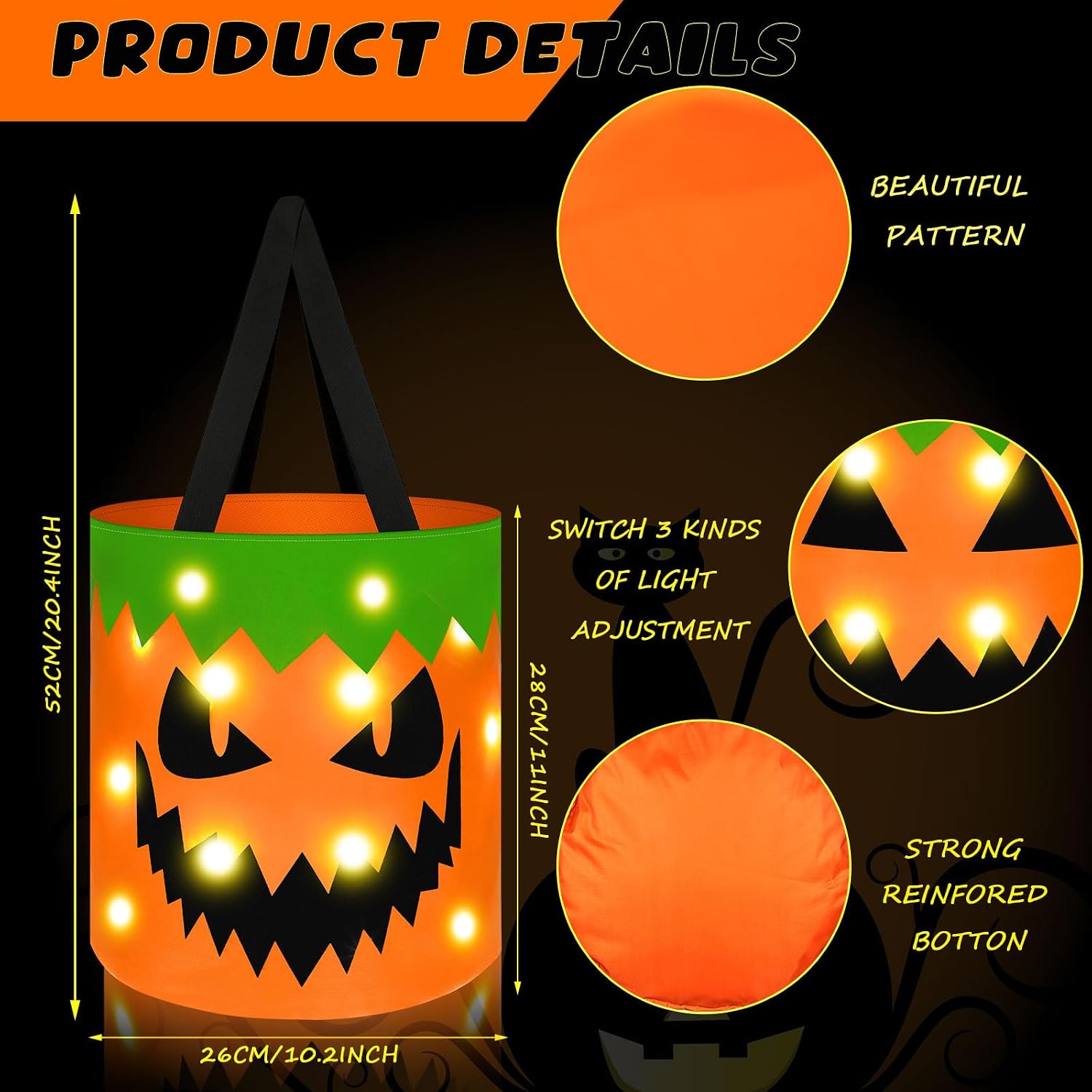 Dansydaisy 3 Pcs Halloween LED Trick or Treat Buckets Glow in The Dark Candy Bags Multipurpose Reusable Light up Goodie Buckets for Kids Halloween Party Supplies(Orange,Classic Style)