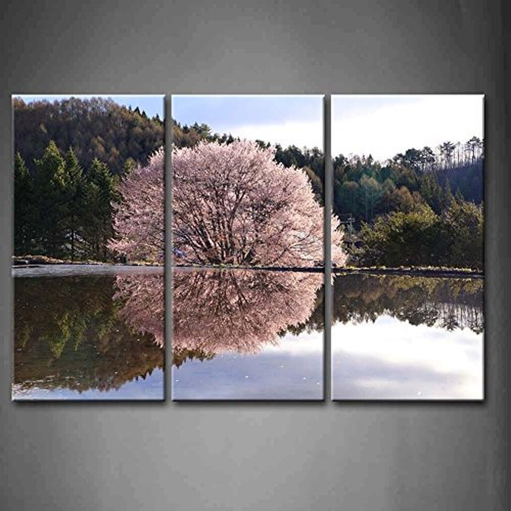 Damenight 3 Panel Wall Art Pink Cherry Tree Reflection In Water Lake Many Trees Painting Pictures Print On Canvas Landscape The Picture For Home Decoration Stretched By Wooden Frame,3pcs/set