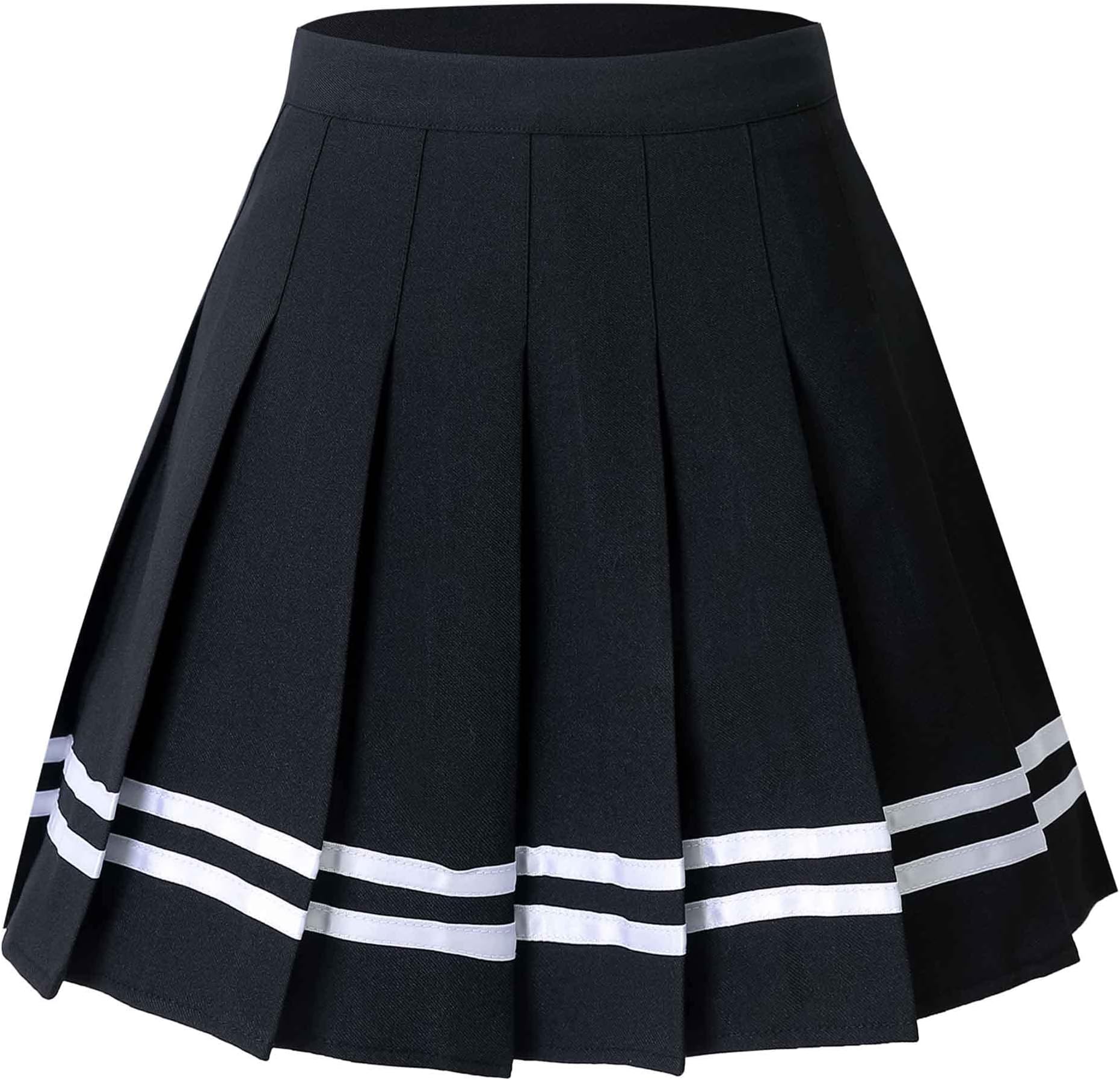 Hoerev Women Girls Short High Waist Pleated Skater Tennis Skirt, Black With Stripes, 4