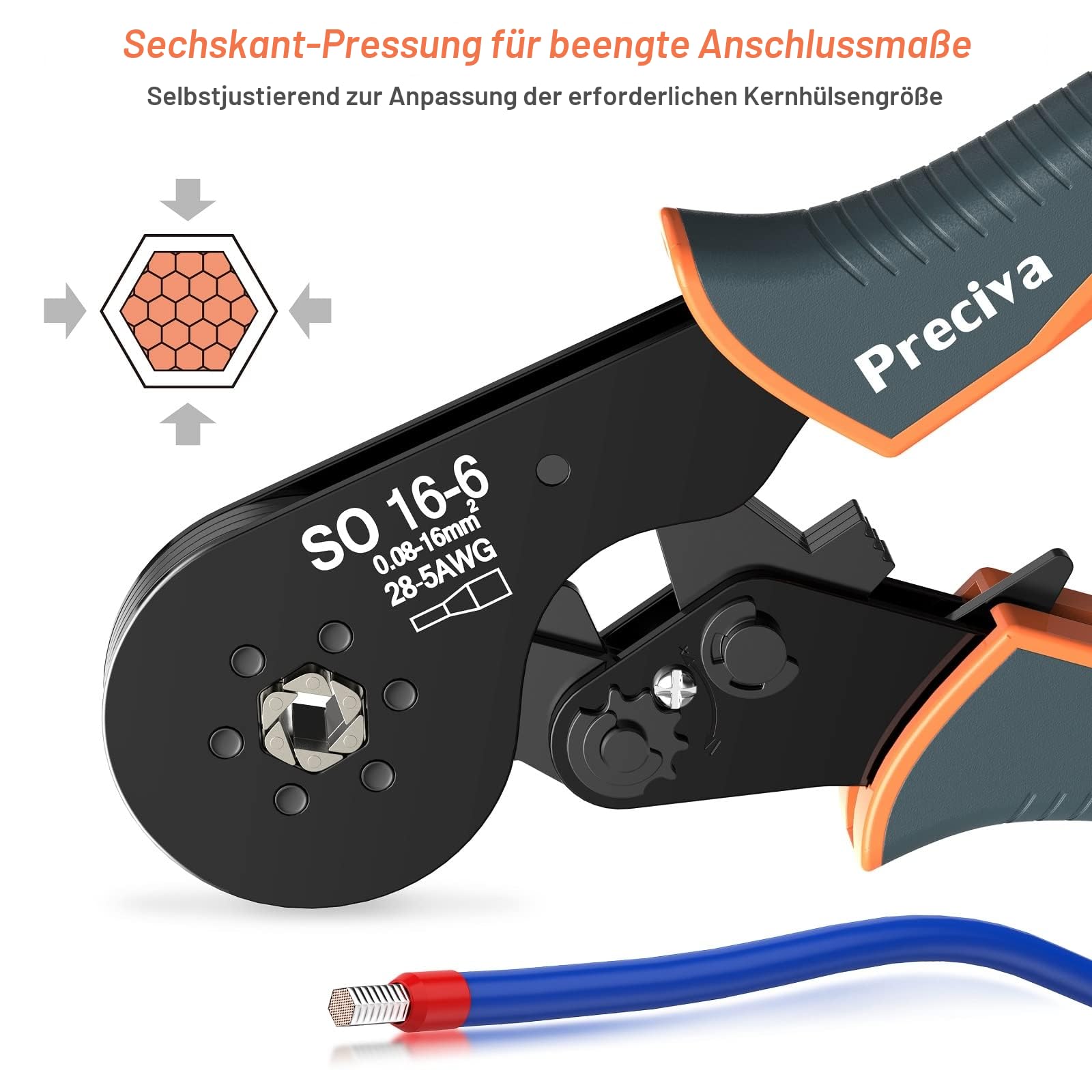 Crimpzangen 0.08-16mm², Preciva Aderendhülsenzange Crimpzange Sechskant Presszange für Isolierte Unisolierte Crimpverbinder