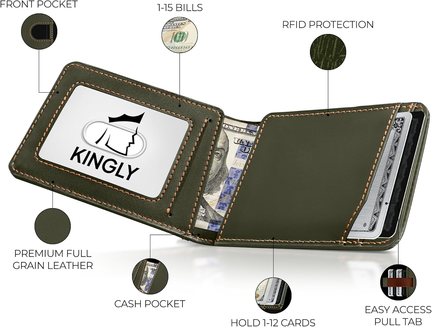 Kingly Cash Pocket Slim Wallet for Men - RFID Blocking Leather Card Holder - Minimalist Men’s Wallet for Front Pockets - Holds 1-15 Cards & Cash - Durable Italian Leather Wallets - Image 2