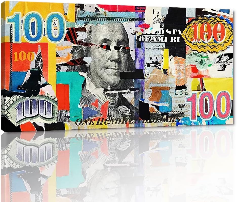 bpaCreative Dollar Wall Paintings Artwork for Home Wall Colorful Money Artwork Graffiti Art 100 Bill Money Art Print Office Decor Wall Art Canvas Modern Home Decor Gallery Wrapped 32"Wx16"H