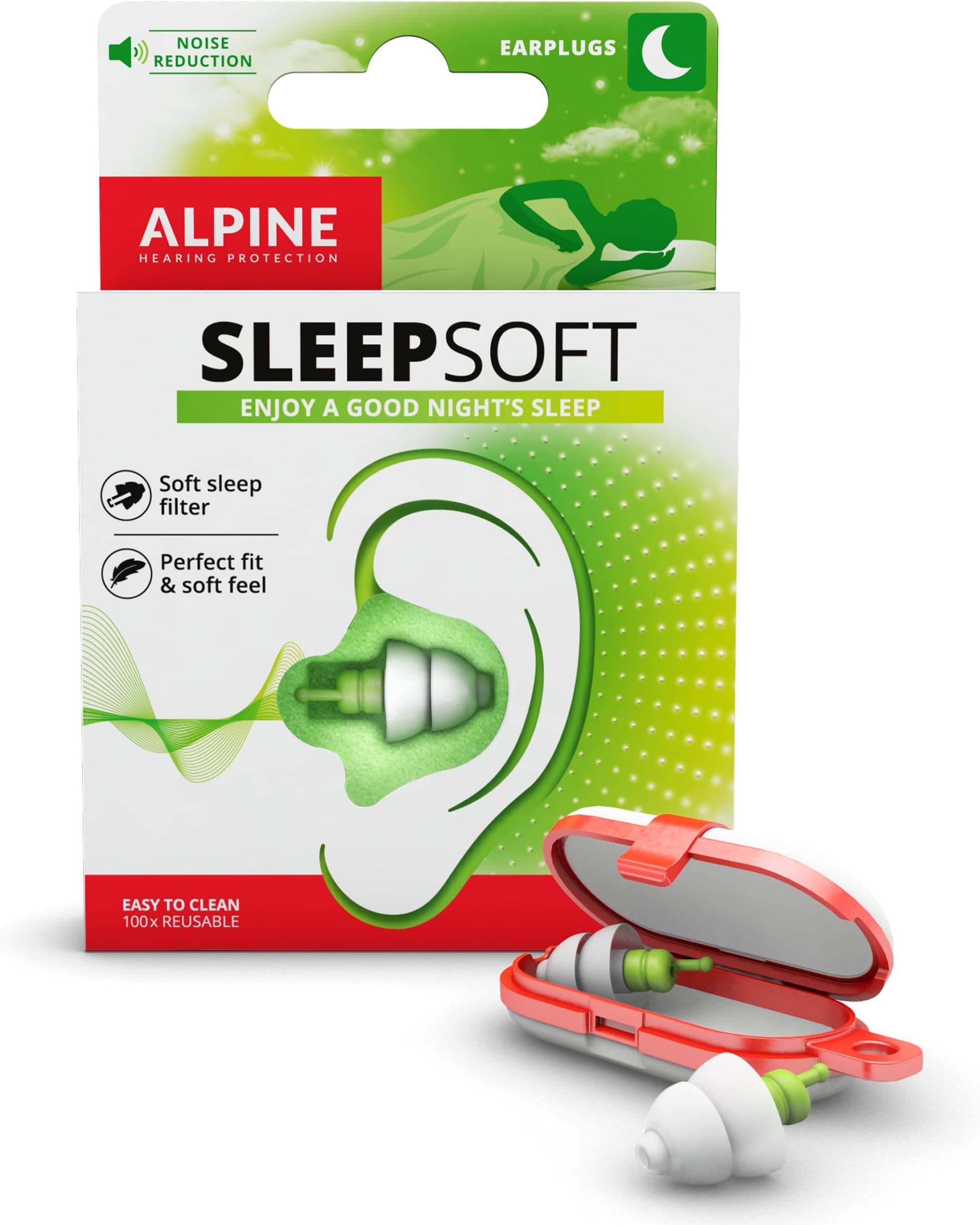 SleepSoft Sleeping Earplugs - Ultra Soft Filter for Side Sleeper - Reduce Noises & Improve Sleep – Reusable, Hygienic, Hypoallergenic Hearing Protection for Adults with Long Lasting Comfort