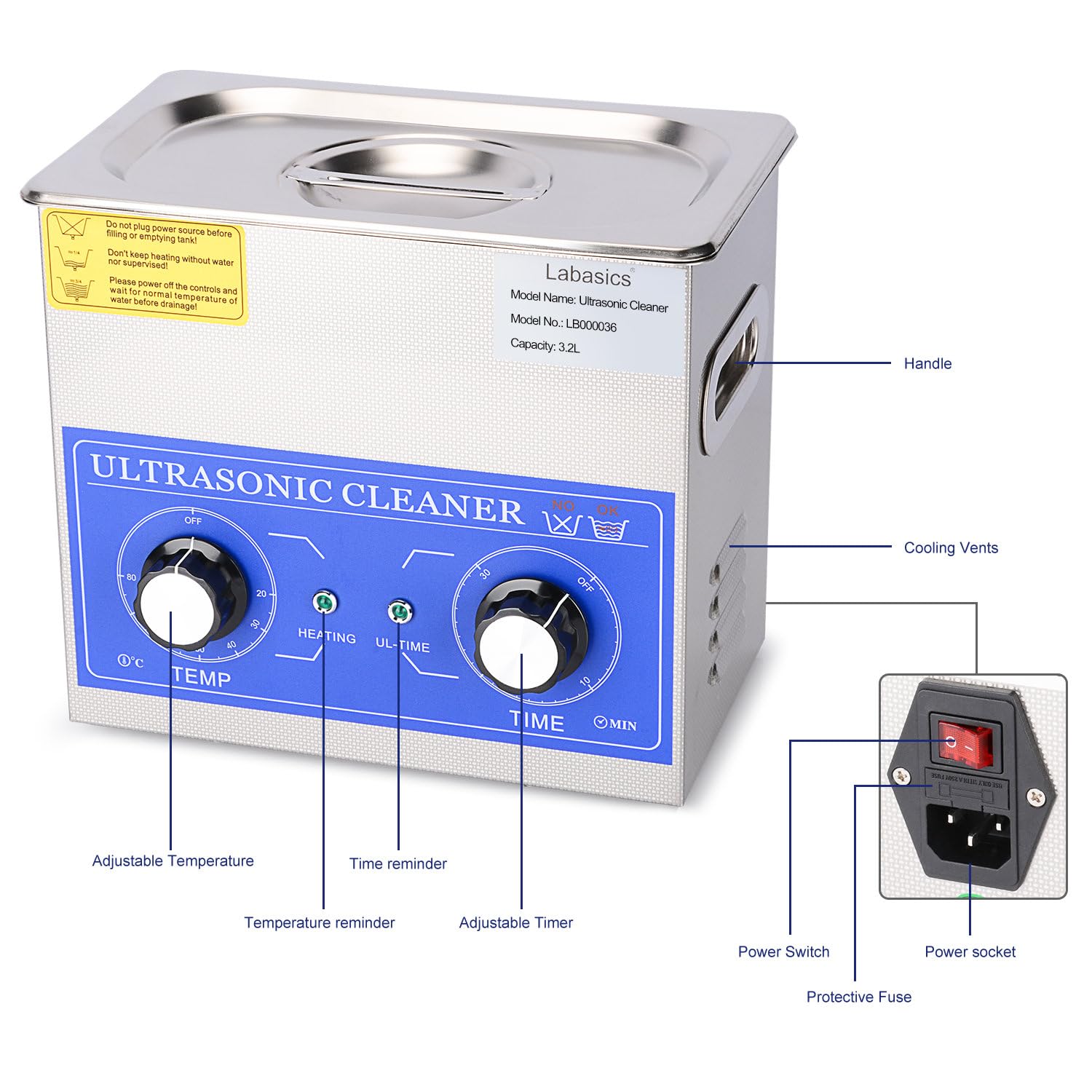 Labasics Limpiador Ultrasónico, Acero Inoxidable 304 limpiadores Ultrasonidos Profesional Multiusos con Panel de Control Mecánico de Calefacción y Temporizador para Laboratorio 40kHz 220V, 3.2L