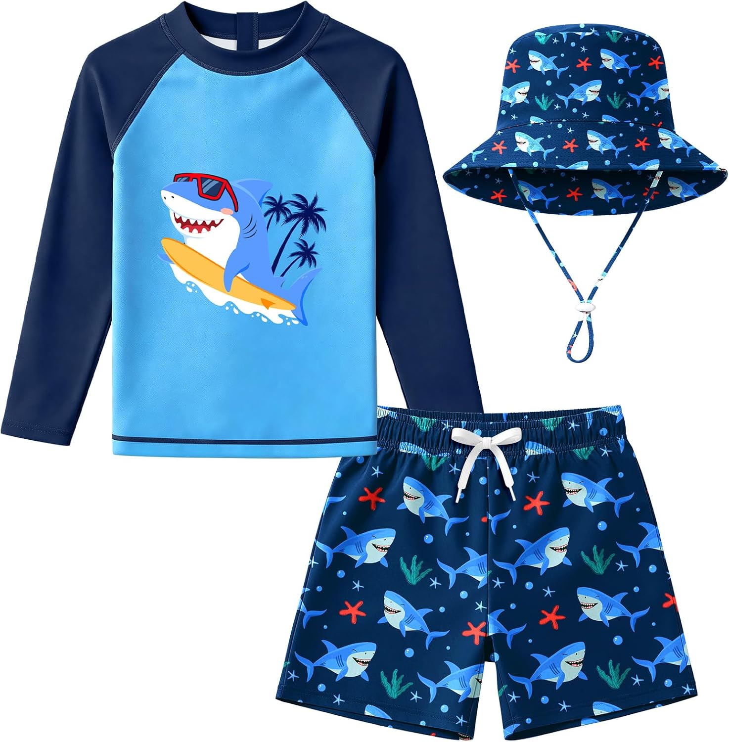 Baby Boys Toddler Long Sleeve Rashguard and Swim Trunks, 3 Piece Swimsuit with Sun Hat Bathing Suit Swimwear for Beach Pool