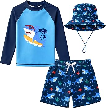 Baby Boys Toddler Long Sleeve Rashguard and Swim Trunks, 3 Piece Swimsuit with Sun Hat Bathing Suit Swimwear for Beach Pool