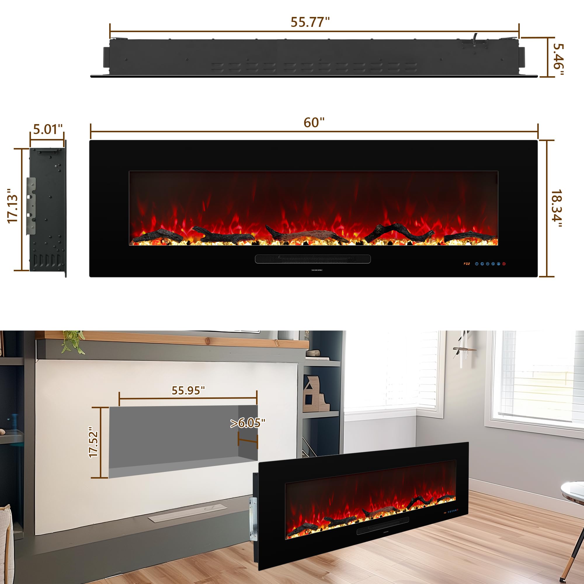 Elektrokamin Wandmontage, 13 Farbmodi LED flammeneffekt, Timer - Funktion, 152 cm Kamin Heizung Glas-Touchscreen und Fernbedienung,1500W(60")