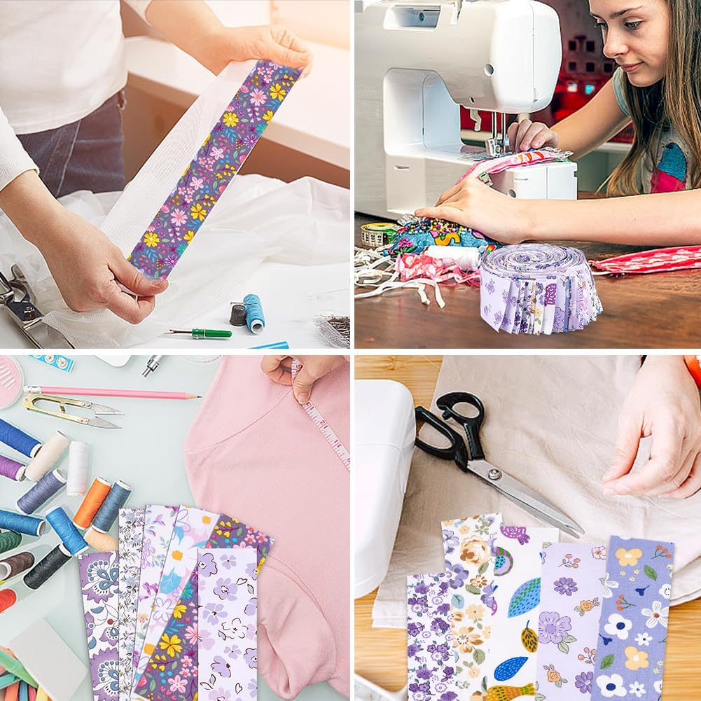 WEBEEDY 40 Pcs Jelly Roll Fabric Strips for Quilting, 20 Styles Purple Flower Quilting Strips Soft Cotton Fabric Bundles Strip Ribbon for Sewing DIY Craft Clothes Rug Purse Home Decor, 2.6x39.4 inch