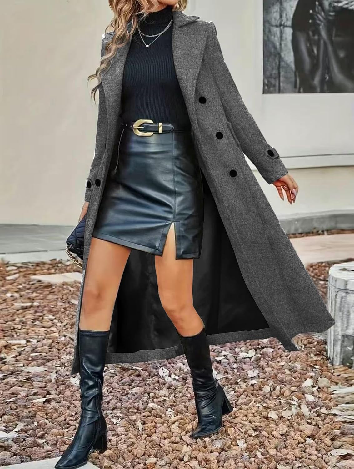 chouyatou Women's Winter Double Breasted Wool Coat Business Casual Long Sleeve Midi Long Winter Pea Coat