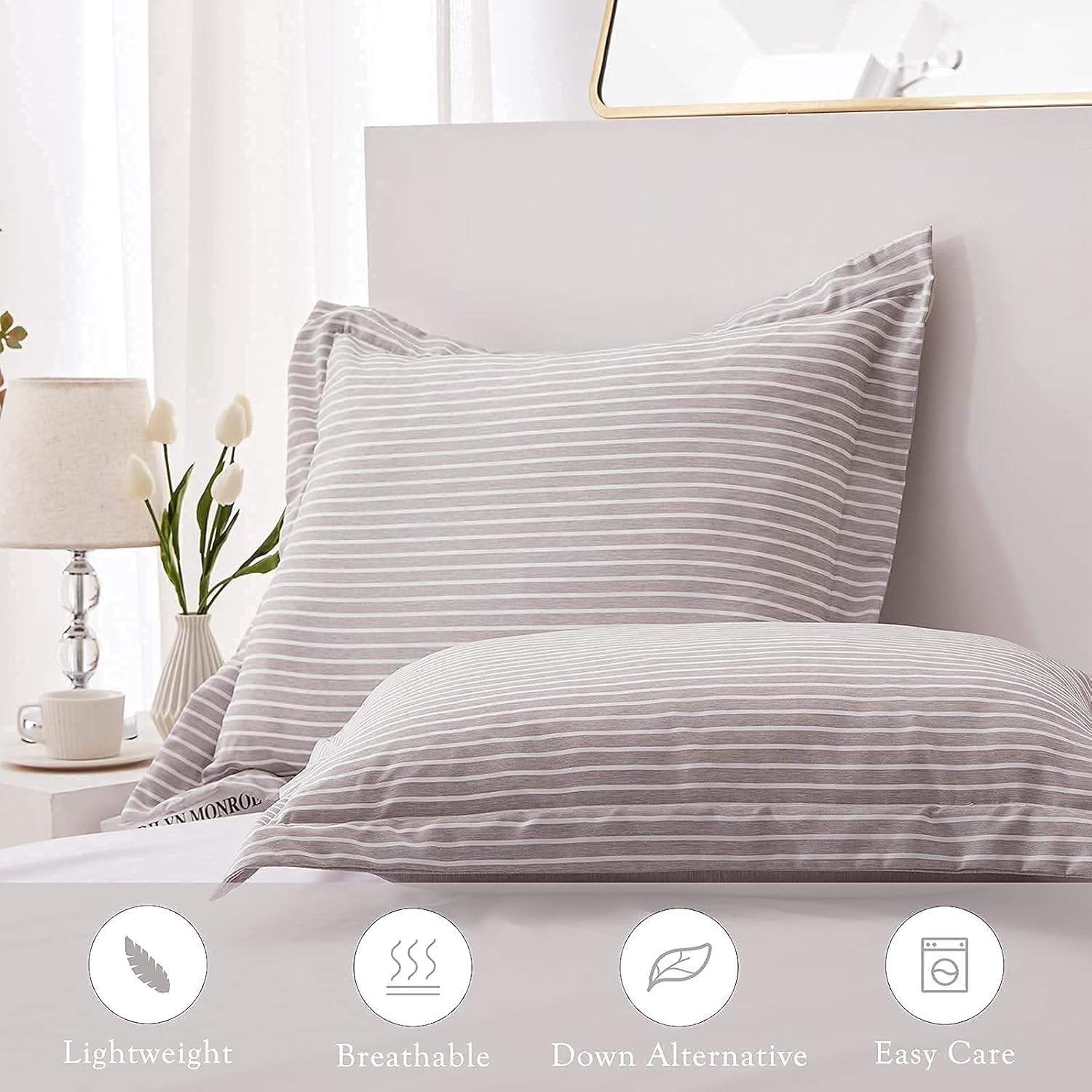 NexHome Queen Comforter Set,Grey Reversible Comforter Set Queen, Grey Comforter Queen Set, Cationic Dyeing Striped Queen Comforter with 2 Pillow Shams for All Season (Queen, 88x88 inches,Grey)