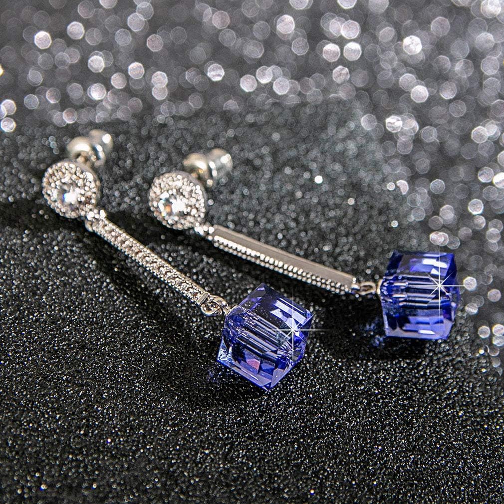 Cube Austrian Crystal Drop Long Dangle Earrings for Women 925 Sterling Silver Post Hypoallergenic Jewelry - Image 3