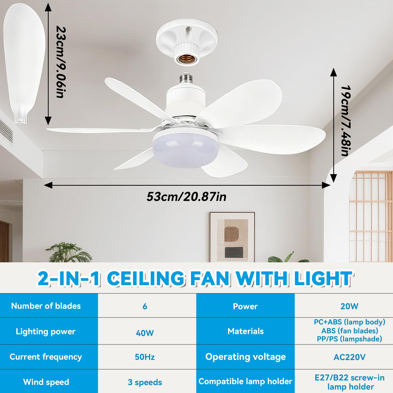 Wentylator sufitowy ze światłem i pilotem,52 cm lampa z wentylatorem sufitowym LED z możliwością przyciemniania Zintegrowana lampa E27,6 łopatek,4 prędkości,cicha,do salonu,sypialni,toalety.