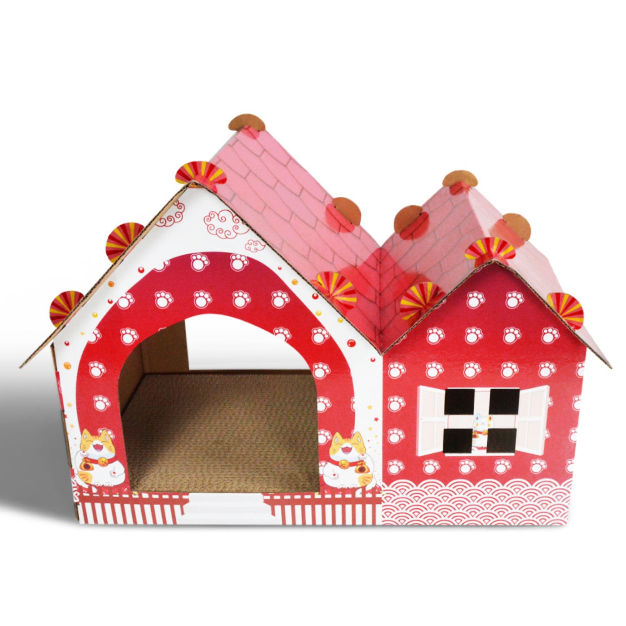 WANEKA Casa para Gatos de Carton Villa Color - Rascador para Gatos Adultos, Rascador De Cartón con Caseta, para Gatos Grandes Y Pequeños