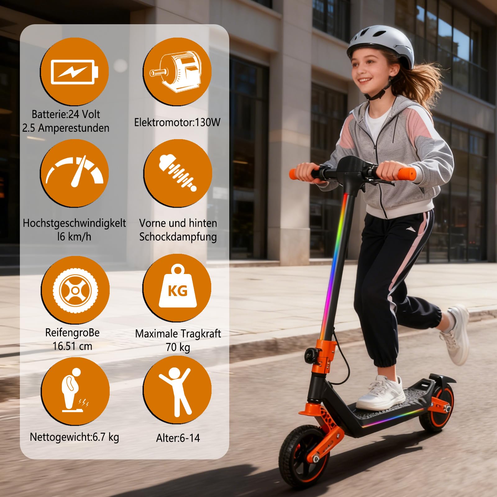 E Scooter Elektroroller für Kinder, Elektroscooter Doppelte Federung mit Bunte Regenbogenlichter und LED-Anzeige, 12 km Reichweite, Geschenke Für Jungen und Mädchen ab 6 Jahren