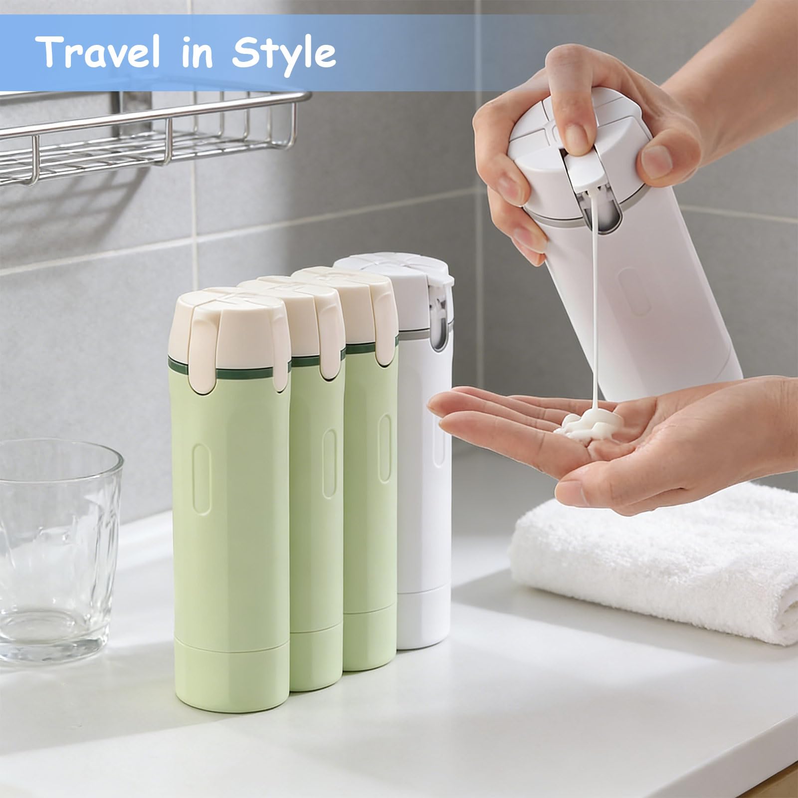 Vulaop 4 in 1 Refillable Travel Dispenser Bottles, Auslaufsichere Reise Flaschen Set, Tragbare Silikon Reise flaschen, Reise Pumpflasche Für Shampoo, Lotion, Spülung Creme (2pcs) - 5
