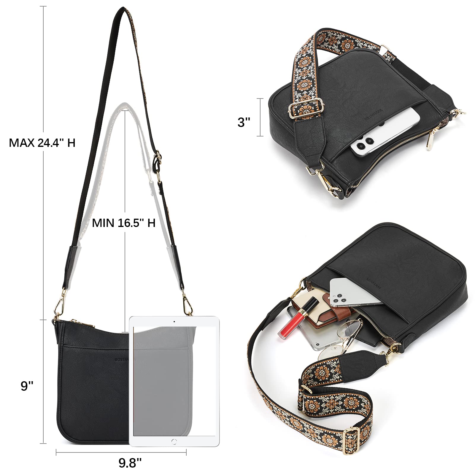 BOSTANTEN Handtasche Damen Mittelgroß Umhängetasche Leder für Frauen | Crossbody Bag mit Verstellbarem Breitem Farbigem Gurt, Tasche mit Vielen Fächern, Schultertasche für Alltag Unterwegs