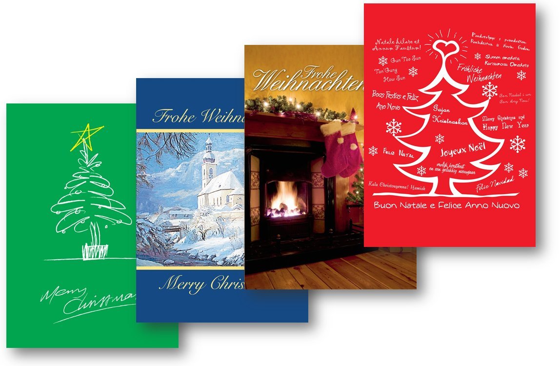 Weihnachtskarten 5er-Pack:Baum rot/grün/Kamin/Kirche