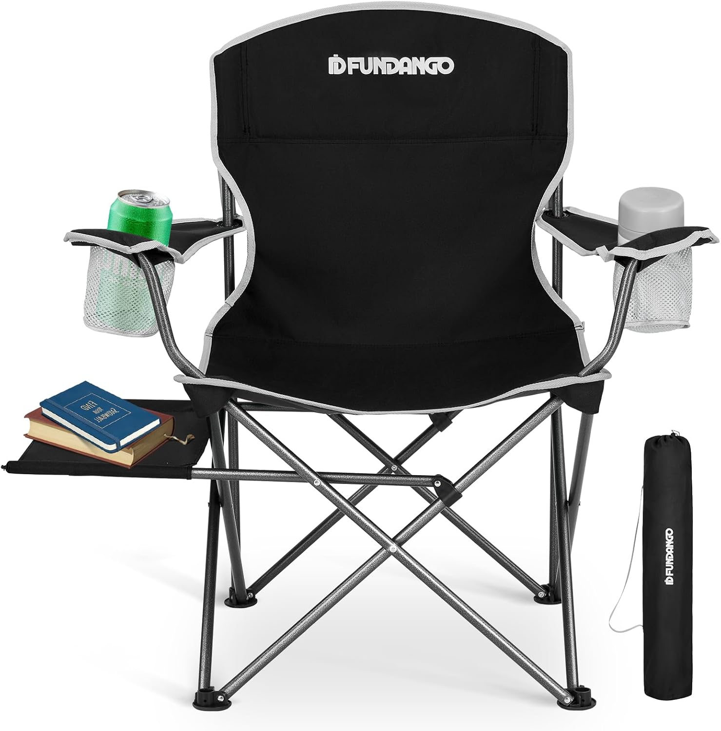 FUNDANGO Folding Camping Chairs for Adults, Oversized Beach Chairs with Table Tray, Heavy Duty Lawn Chair with Cup Holders for Sports, Outdoor, Camp (Black)