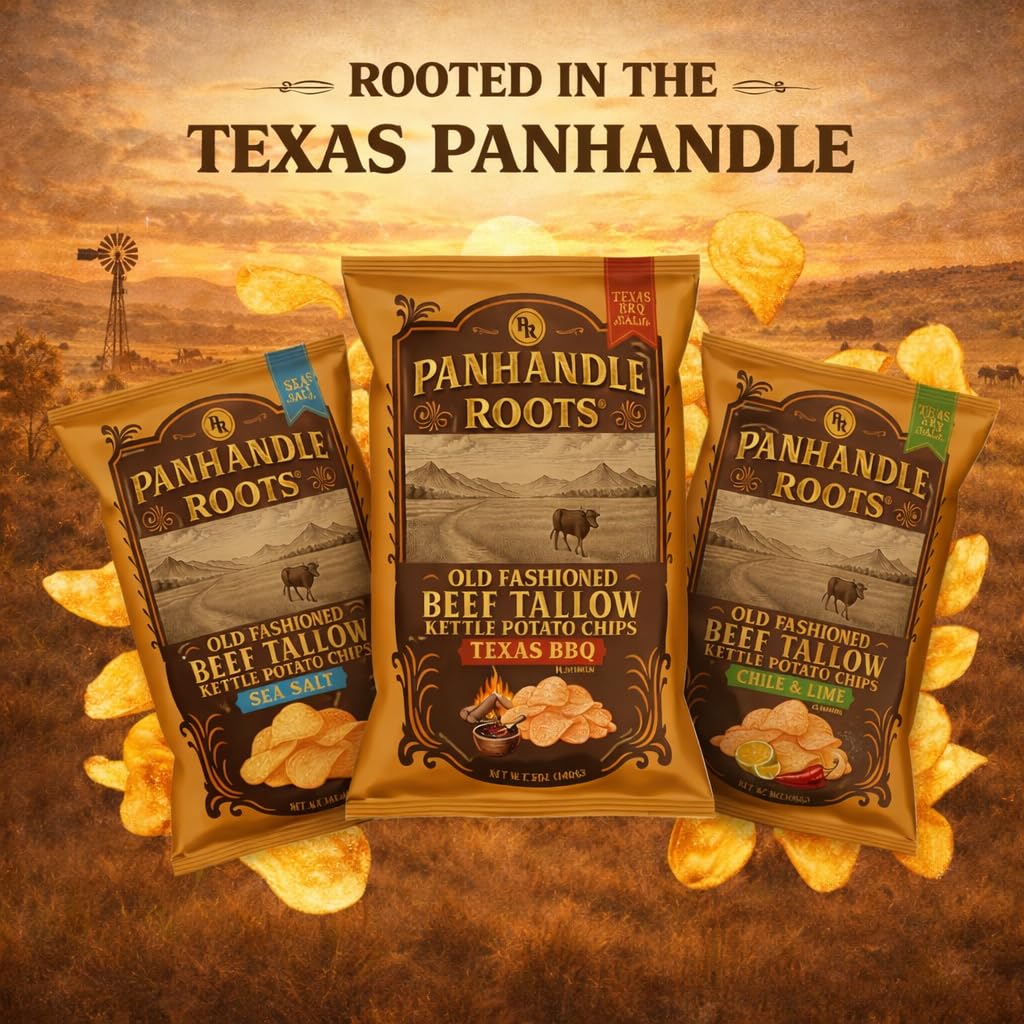 PANHANDLE ROOTS Beef Tallow Chips (3 Pack, 5oz Each) | Sea Salt | Gluten Free Potato Chips Made with Beef Tallow | Kettle Cooked & Seed Oil Free | Texas Born