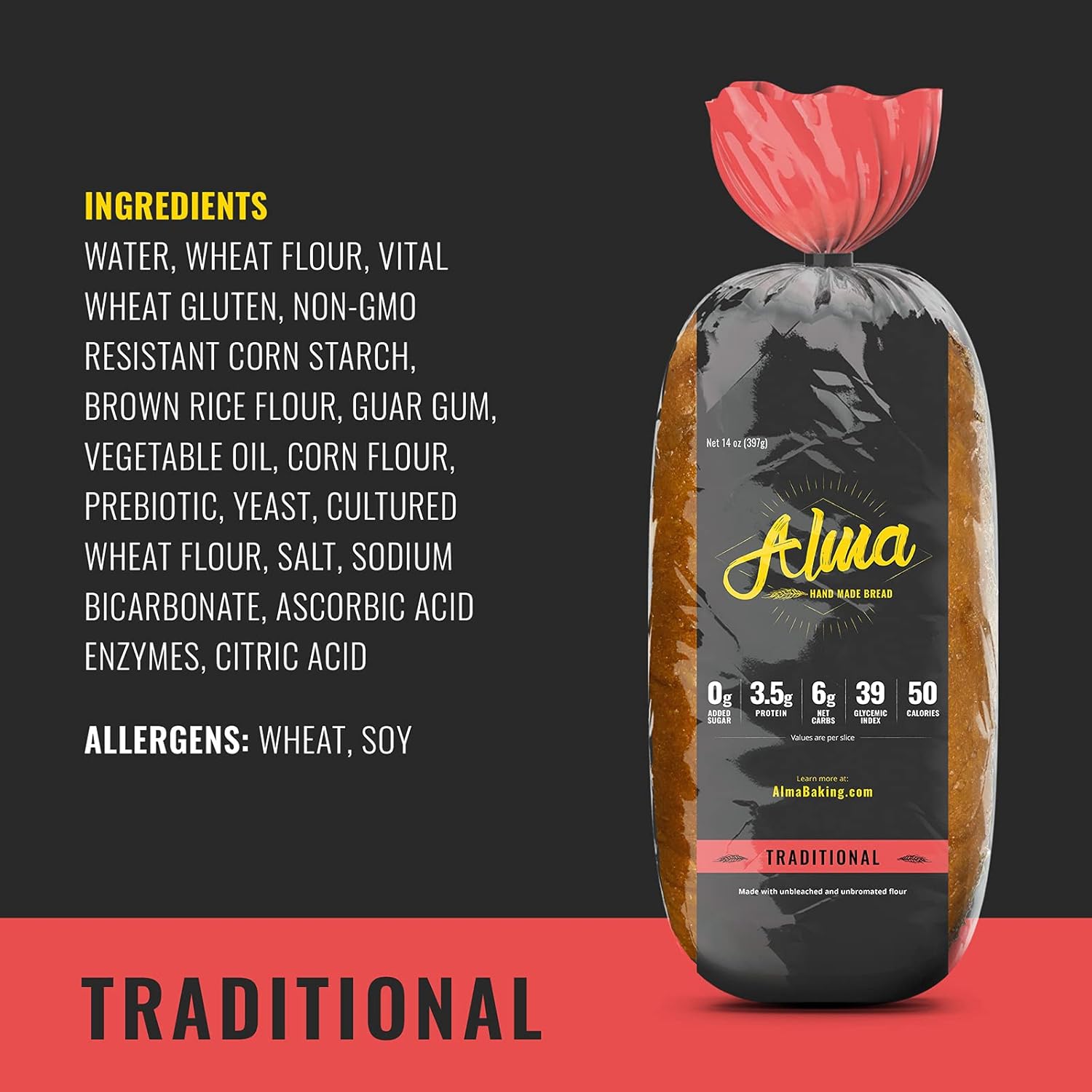 Alma Baking Bread – Low Carb, Low Glycemic, Keto Friendly, Low Calorie, Sugar Free – Sliced Loaf Sandwich Bread (Traditional, 14 Ounces (Pack of 3))