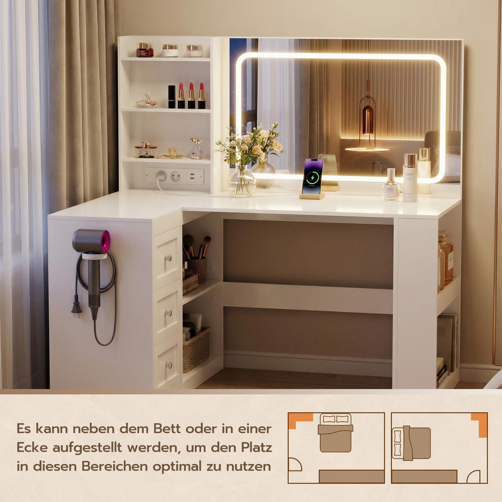 YOUDENOVA Schminktisch mit LED-Beleuchtung, Großer Spiegel und Steckdosen, Schminktische mit 3 Schubladen und 3 Ablageflächen, 4 Unterbaufächer, L-Förmiger Eckschminktisch, 120x80x136cm, Weiß