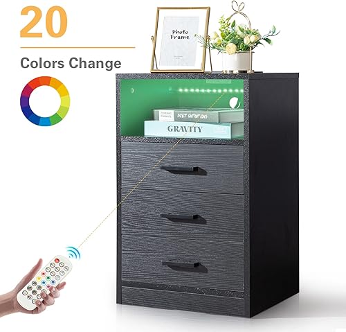 Miniatura 5 de ACLULION Mesita de noche LED con estación de carga, mesita de noche inalámbrica con puertos USB, mesita de noche inteligente con 3 cajones, mesa