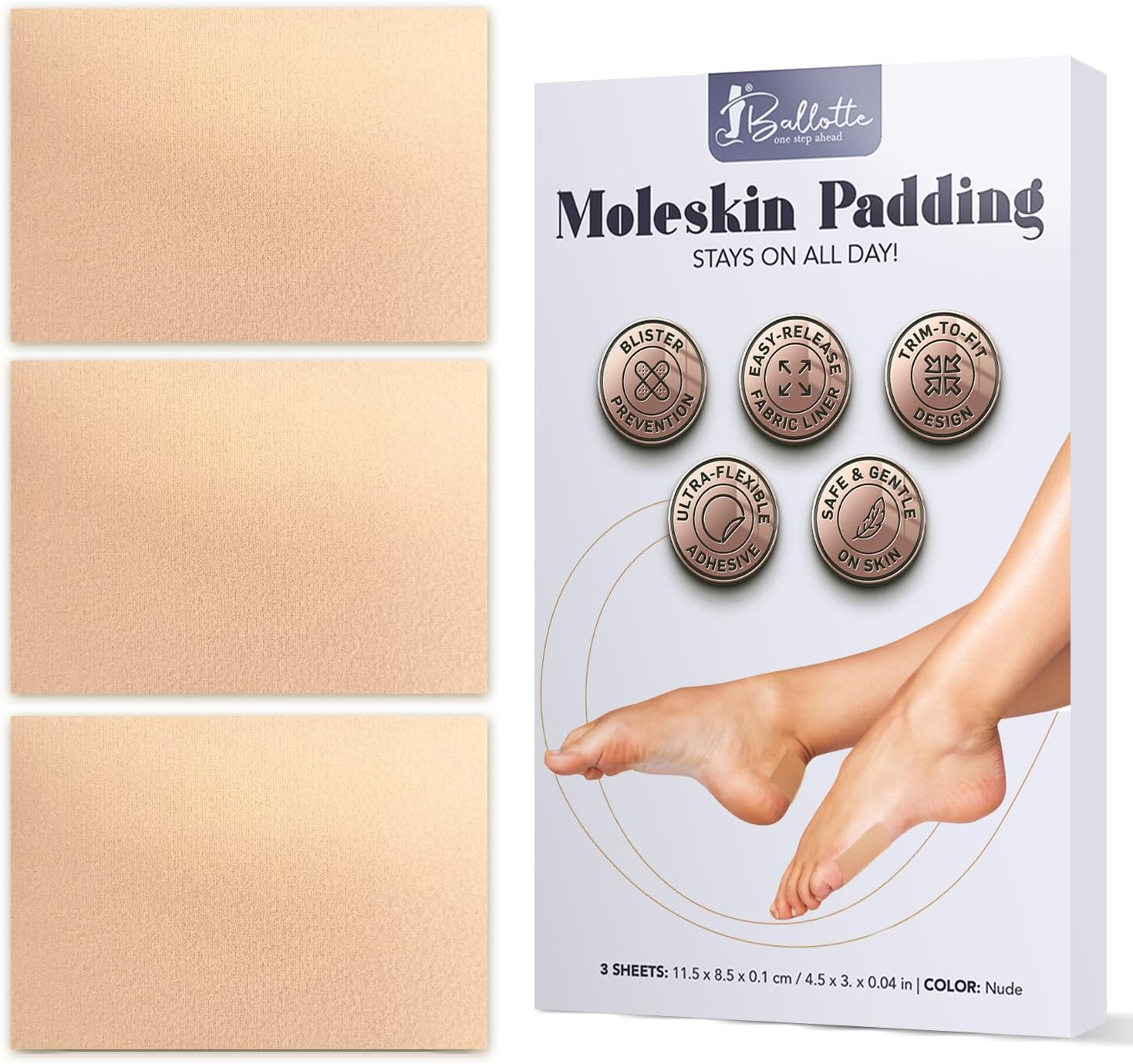 Moleskin padding product and feet showing application on heel