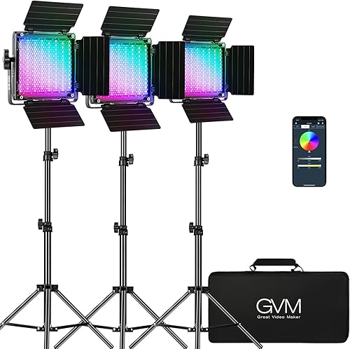 GVM - Iluminación de video RGB luz de video LED a todo color de 360 con control de aplicación 3 paquetes de iluminación de fotografía 850D CRI 97