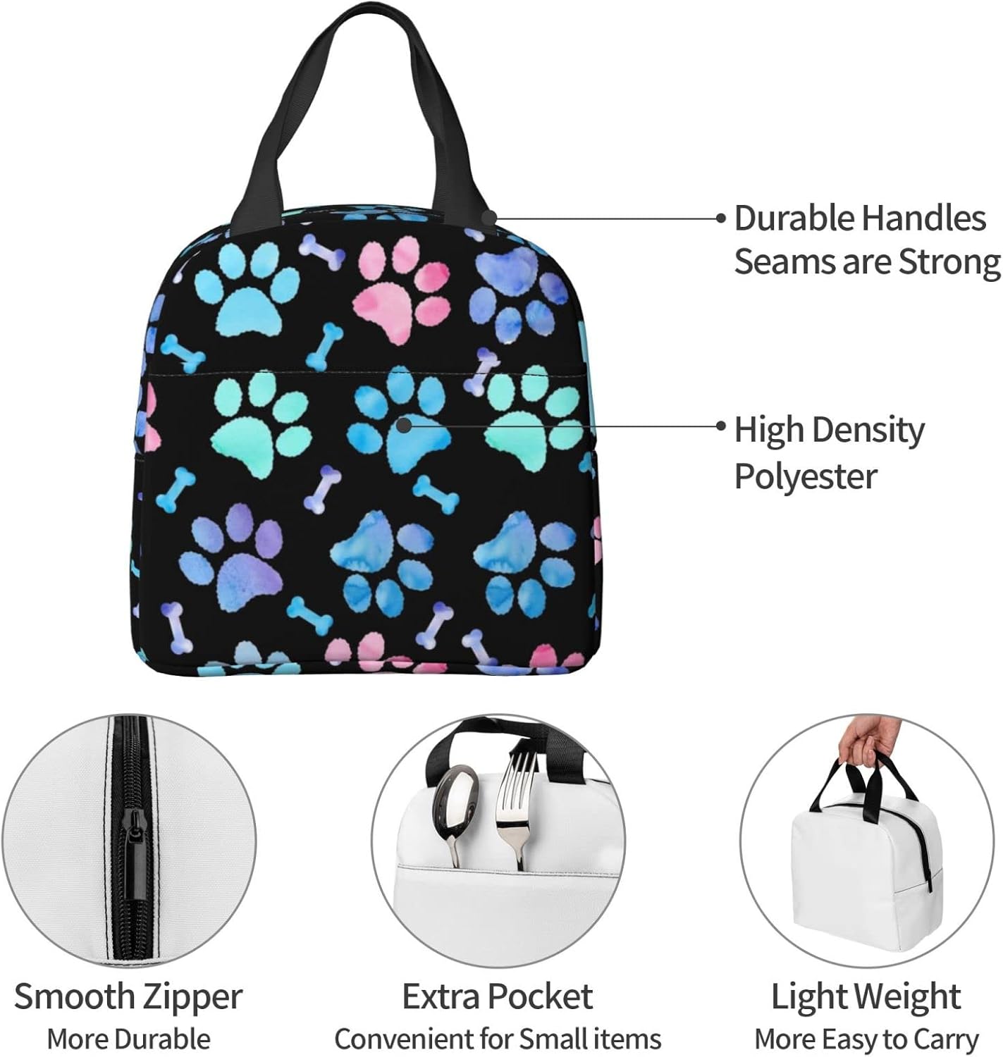 Paw Print Dog Watercolor Reusable Insulated Lunch Bag For Women Men Waterproof Tote Lunch Box Thermal Cooler Lunch Tote Bag For Work Office Travel Picnic - Image 3