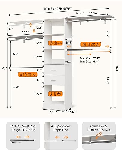 Vista 2 de Sistema de armario, sistema organizador de armario de 6 a 9 pies con 2 cajones de madera, 4 varillas expandibles para colgar, organizador