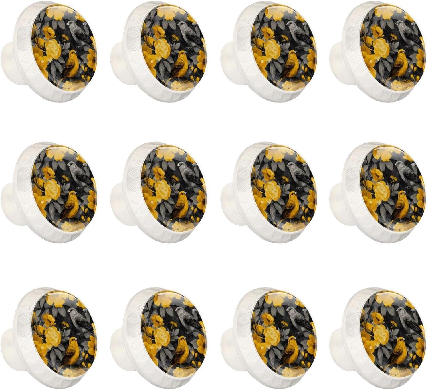 Retro Grey Birds and Yellow Floral (2) Decorative Cabinet Knobs, Crystal Glass Drawer Knobs with Screws, Furniture Hardware for Kitchen Bathroom Dresser Cupboard Wardrobe